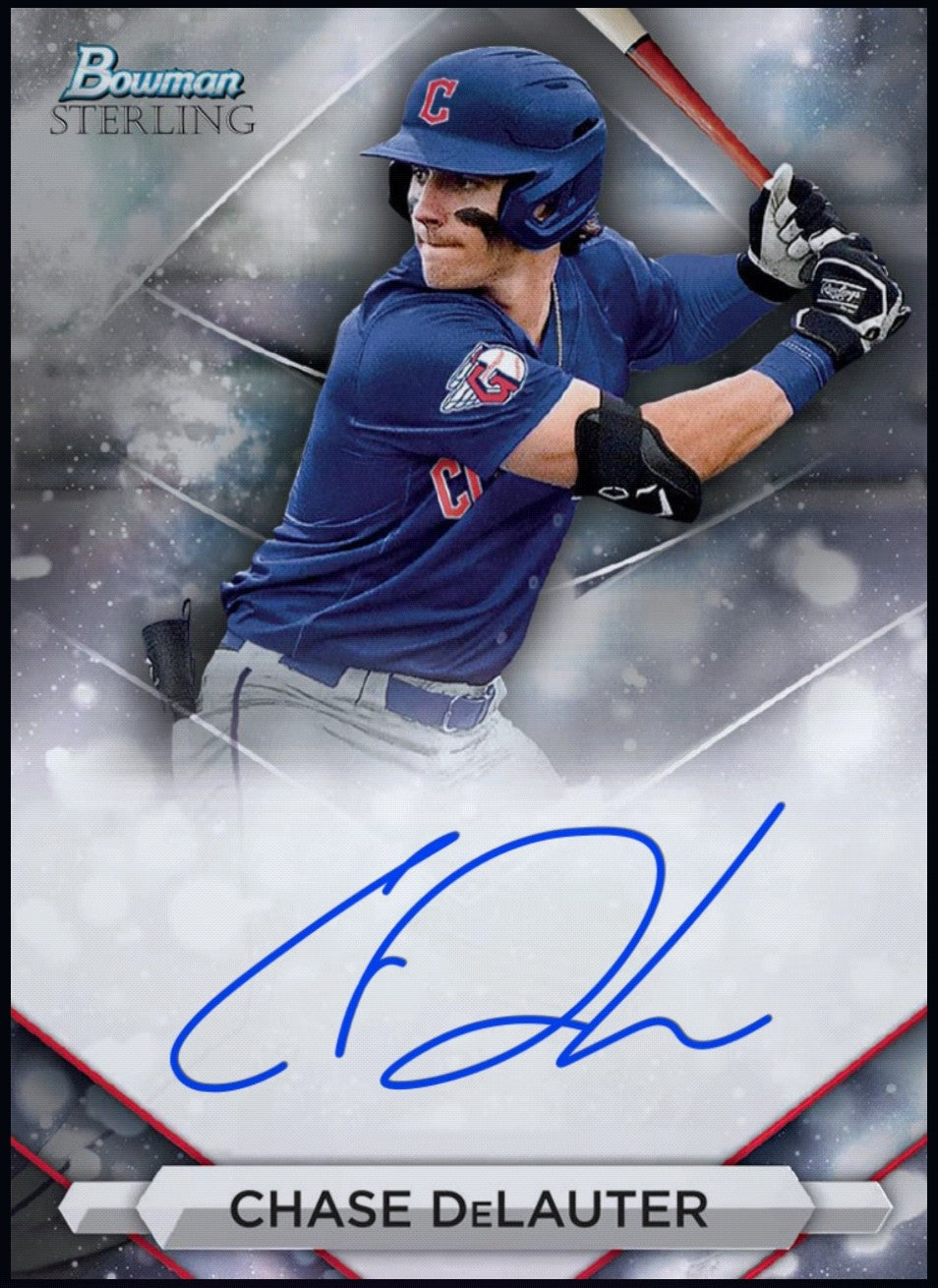 Close-up of rare Chase DeLauter Topps Bowman Sterling prospect autograph rookie redemption card.