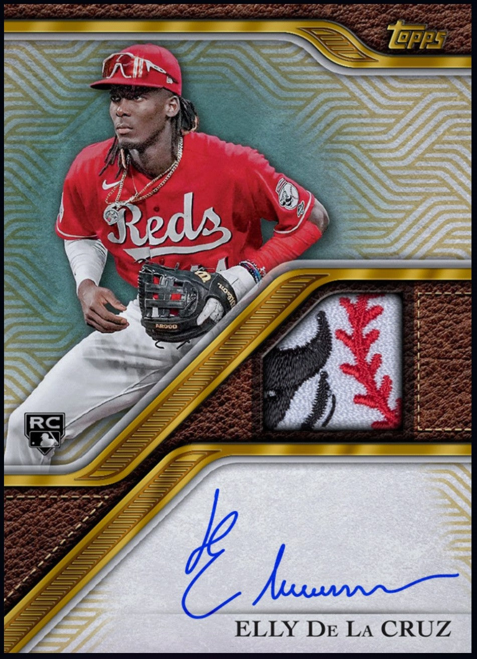 Close-up of rare 2024 Elly De La Cruz Topps Reverence rookie patch autograph card.