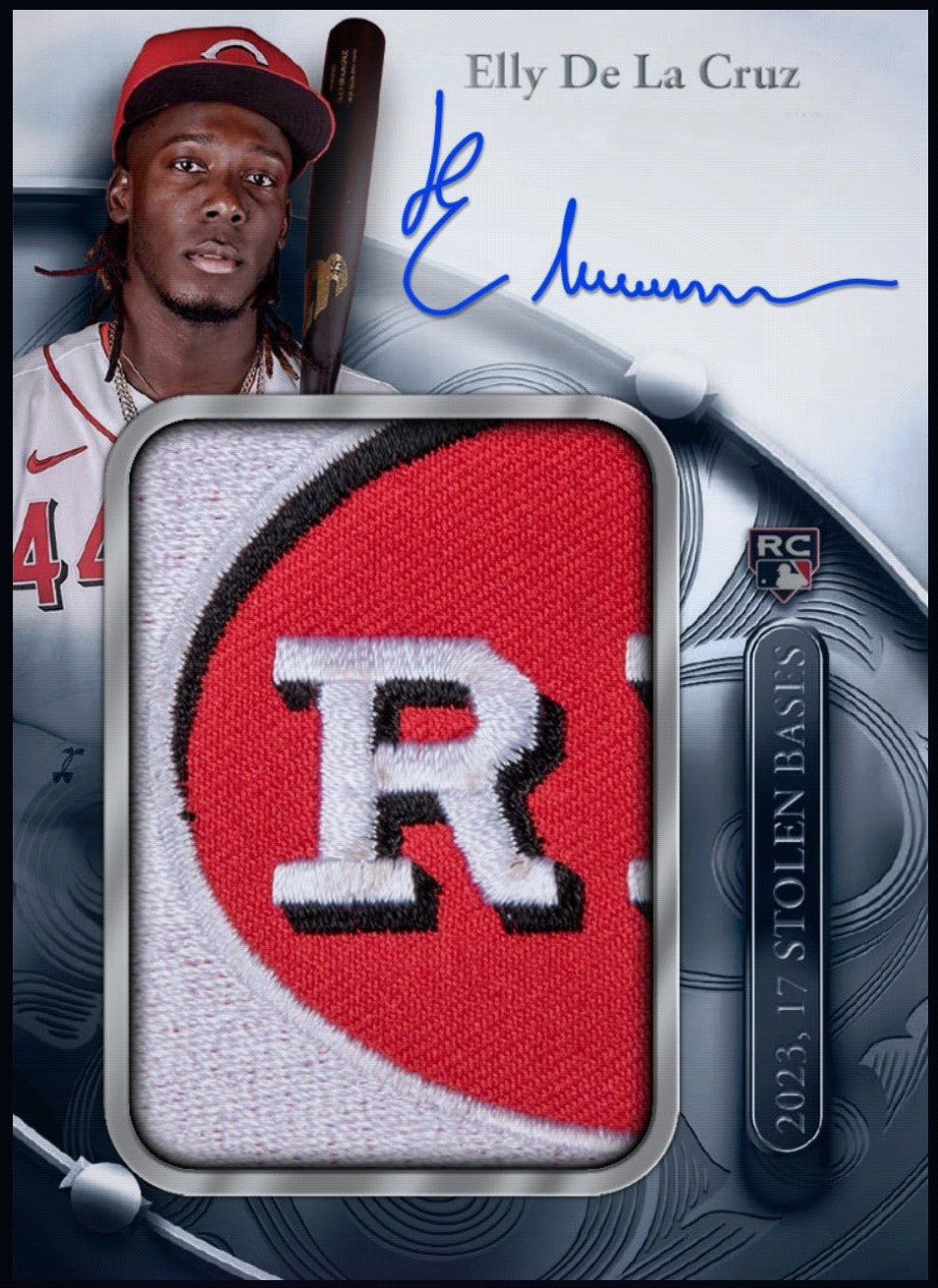 Close-up of rare 2024 Elly De La Cruz Topps Sterling rookie patch autograph card.