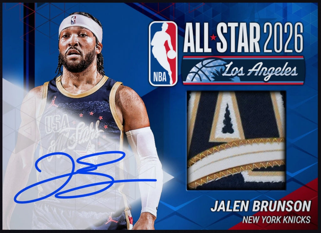 Close-up view of Jalen Brunson Topps All-Star Game rare card showing jersey patch and autograph details