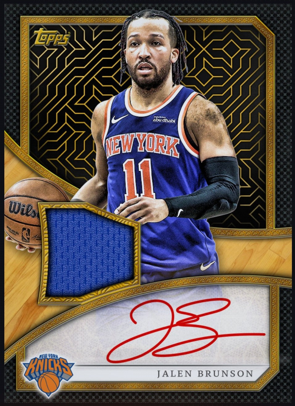 Close-up view of Jalen Brunson Topps Reverence rare card showing jersey patch and autograph details