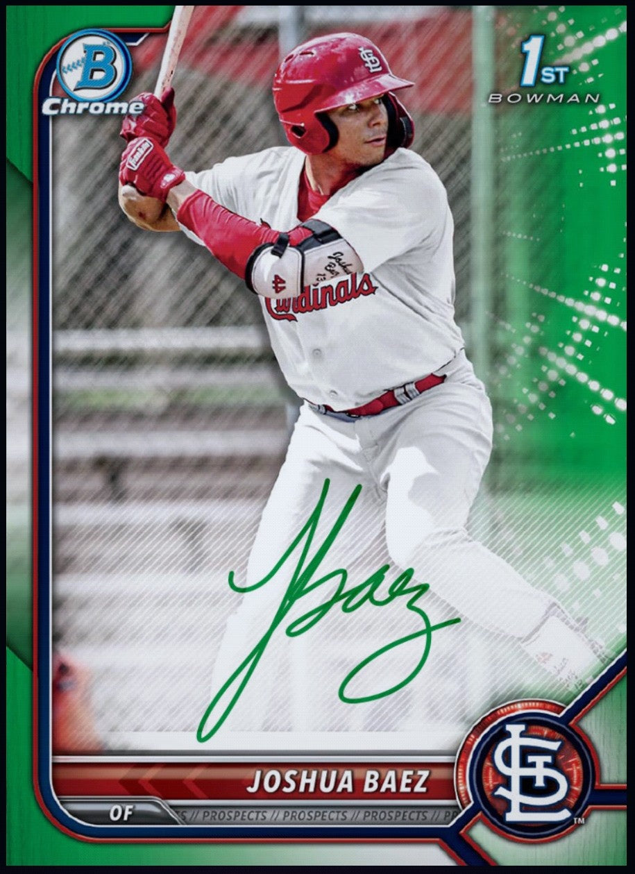 Close-up of 2026 Joshua Baez Topps 1st Bowman Chrome Green Prospect Autograph Rare Card