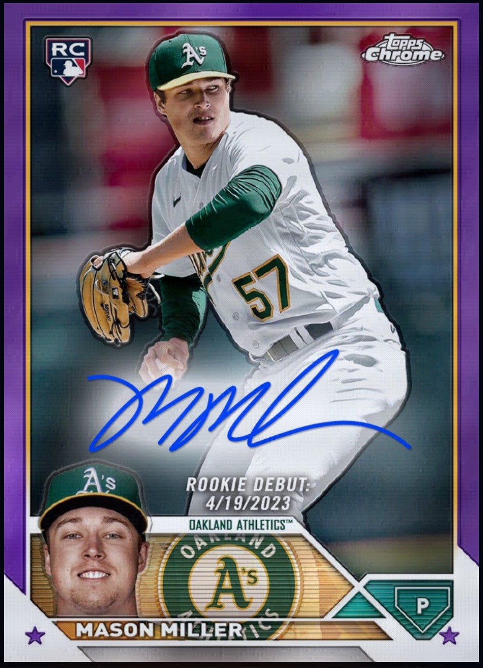 Close-up of rare Mason Miller Topps Chrome Update Purple Chase rookie autograph card.