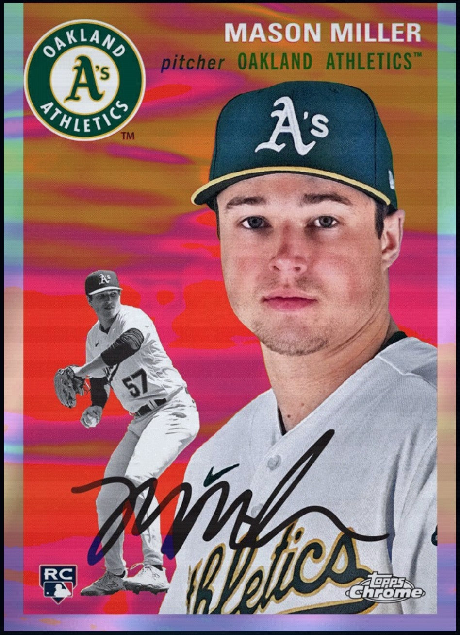 Close-up of rare Mason Miller Topps Chrome Platinum Anniversary rookie autograph card.