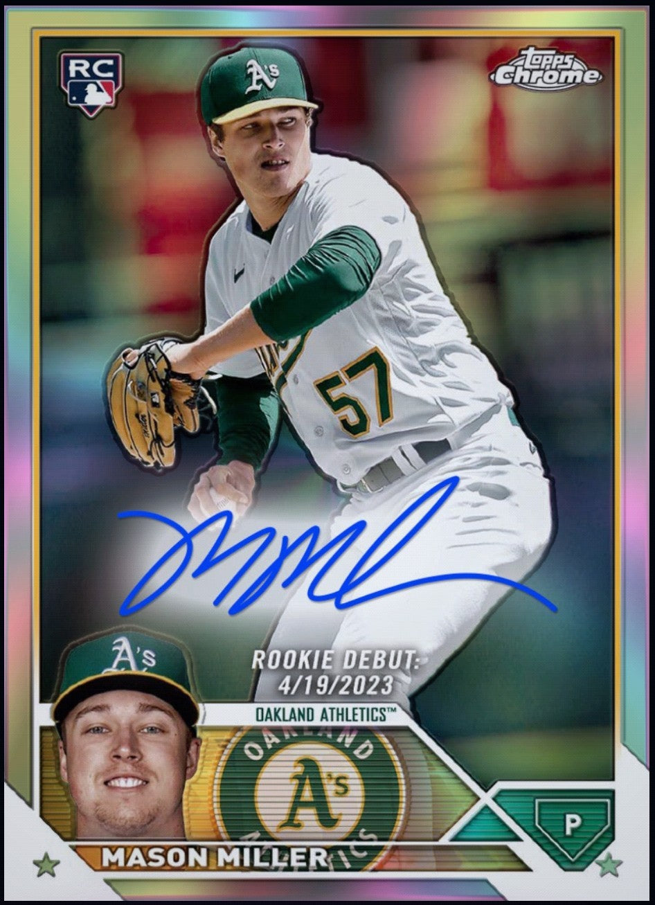 Close-up of rare Mason Miller Topps Chrome Update Series rookie autograph card.