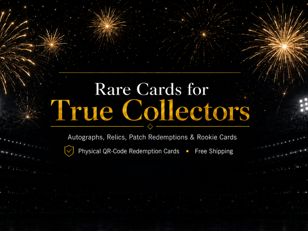 Rare cards for true collectors banner with gold fireworks, stadium lights, and promotional text for autographs, relics, rookie cards, physical QR-code redemption cards, and free shipping.
