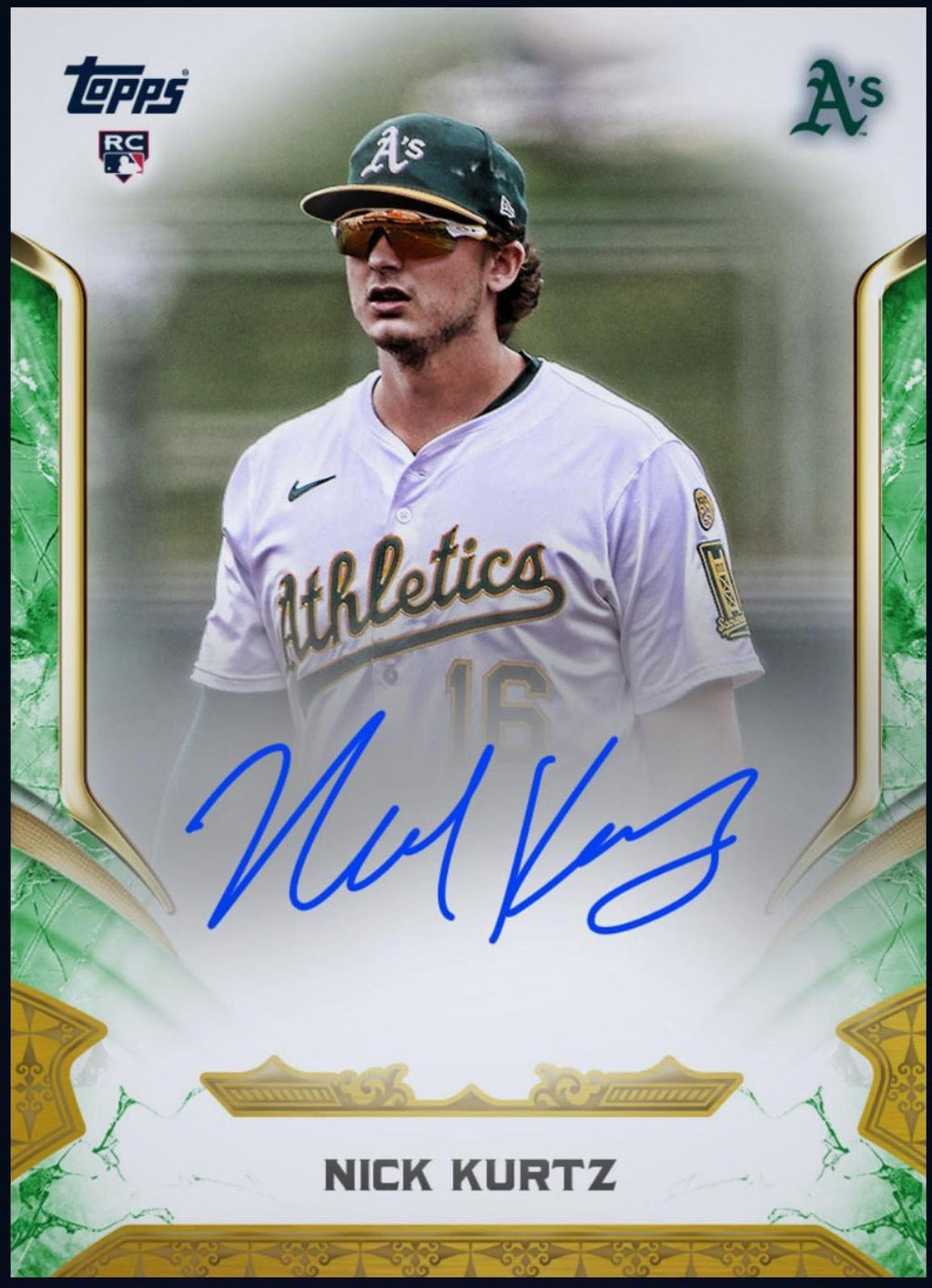 Close-up of 2025 Nick Kurtz Topps Reverence Autograph Rookie RC Rare Oakland Athletics Baseball Card