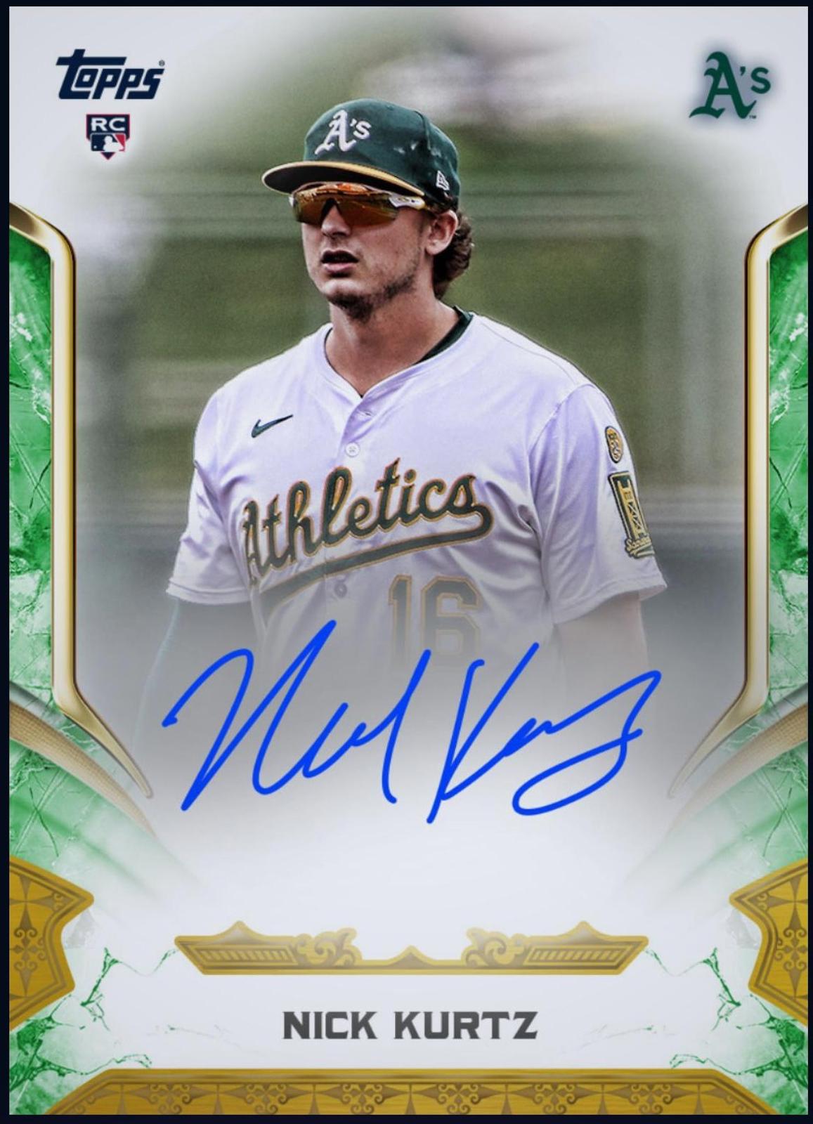 Close-up of 2025 Nick Kurtz Topps Reverence Autograph Rookie RC Rare Oakland Athletics Baseball Card