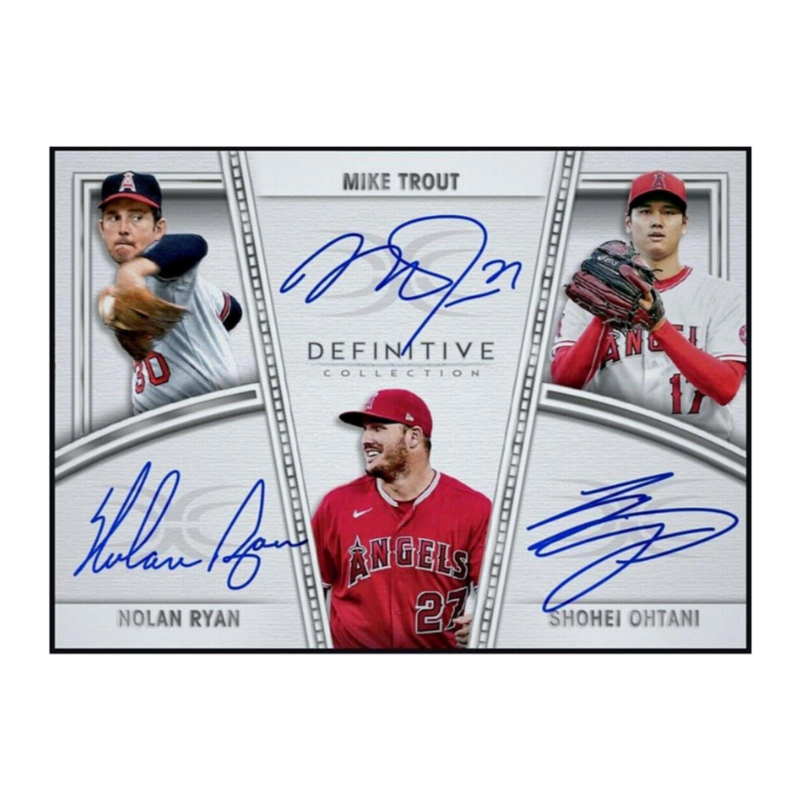 Baseball trading card featuring Mike Trout, Nolan Ryan, and Shohei Ohtani with triple autographs