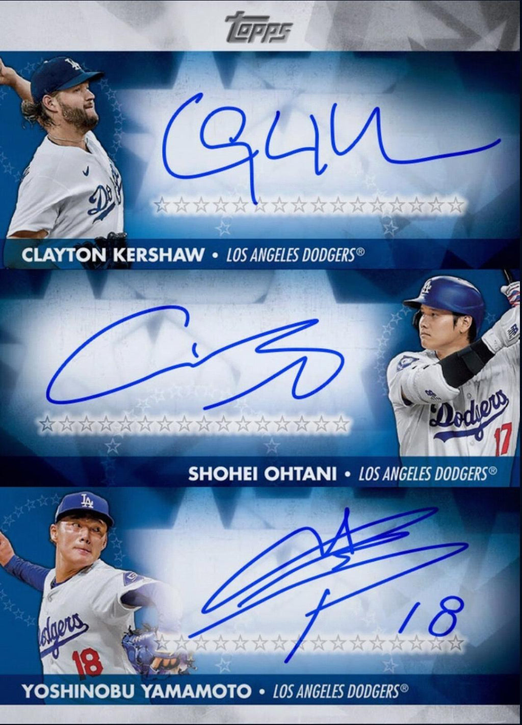 Baseball trading card featuring Clayton Kershaw, Shohei Ohtani, and Yoshinobu Yamamoto of the Los Angeles Dodgers with autographs.