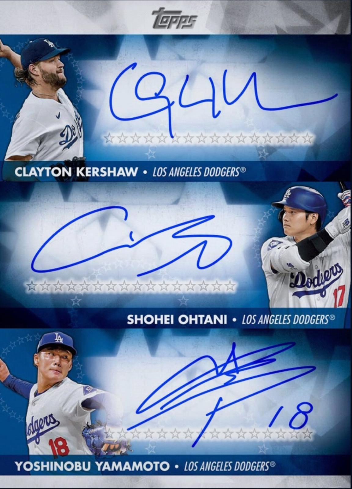 Baseball trading card featuring Clayton Kershaw, Shohei Ohtani, and Yoshinobu Yamamoto of the Los Angeles Dodgers with autographs.