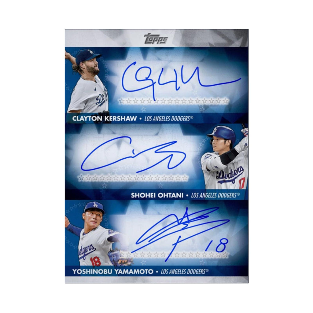 Baseball trading card featuring signatures of Clayton Kershaw, Shohei Ohtani, and Yoshinobu Yamamoto.