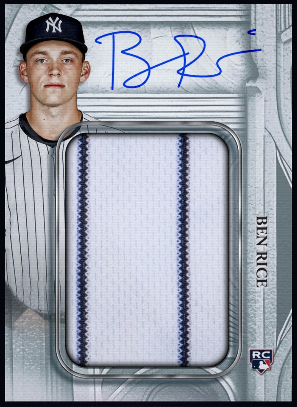 Close-up of 2025 Ben Rice Topps Sterling rookie patch autograph card