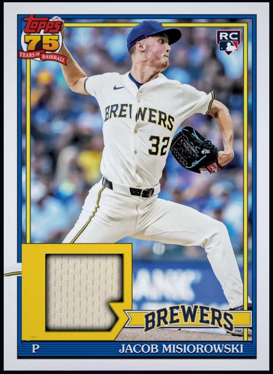 Close-up of 2026 Jacob Misiorowski 1991 Topps Baseball jersey patch rookie card