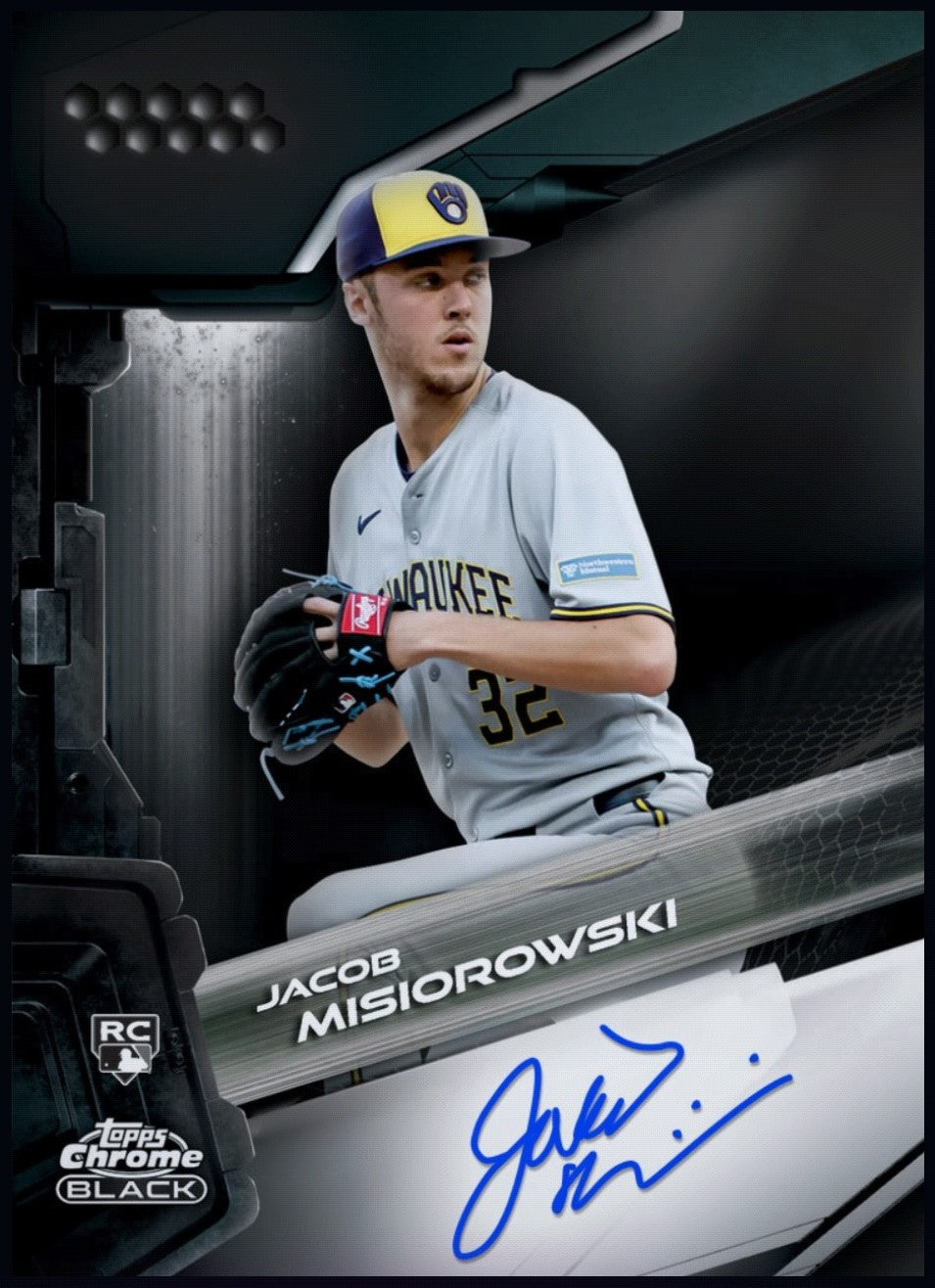 Close-up of 2026 Jacob Misiorowski Topps Chrome Black Autograph rookie card