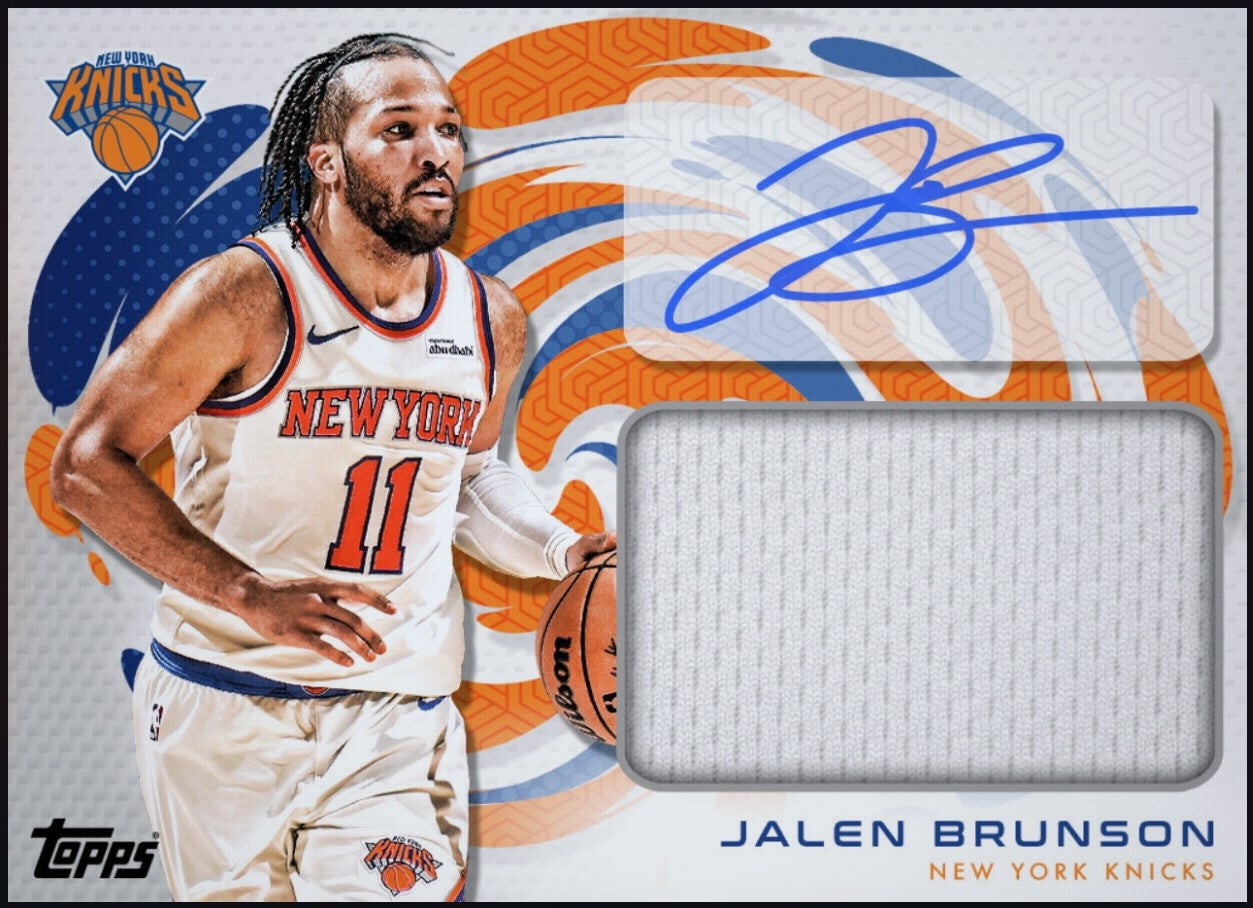 Close-up of 2026 Jalen Brunson Topps Full Court jersey patch autograph card