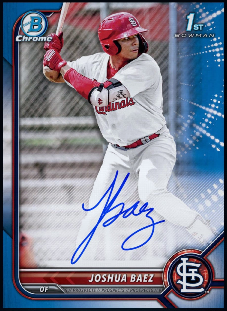 Close-up of 2026 Joshua Baez Topps 1st Bowman Chrome Blue Prospect Autograph Redemption Card