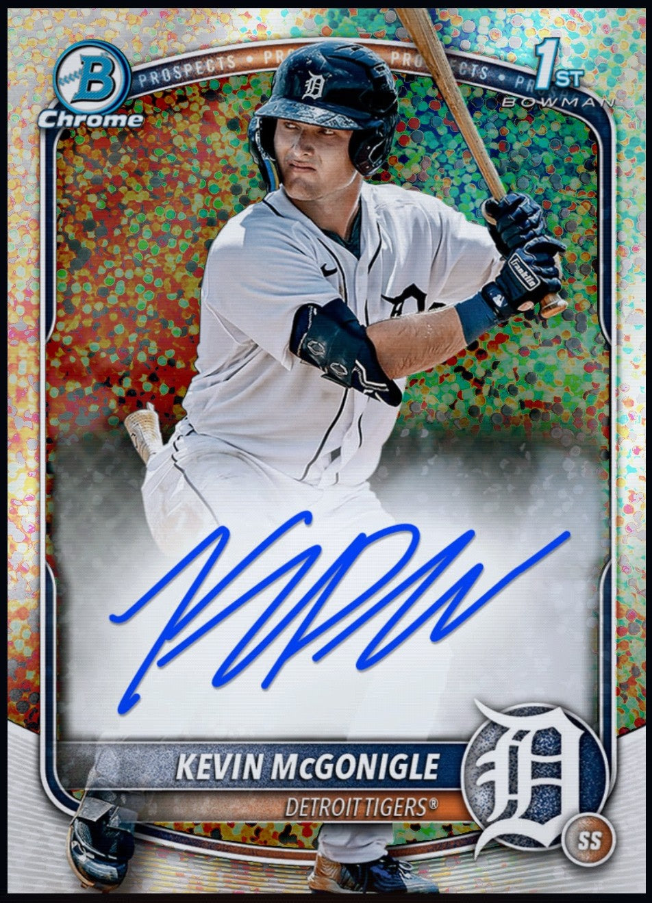 Close-up of 2026 Kevin McGonigle Topps Bowman 1st Speckle Chrome Prospect Signature redemption card