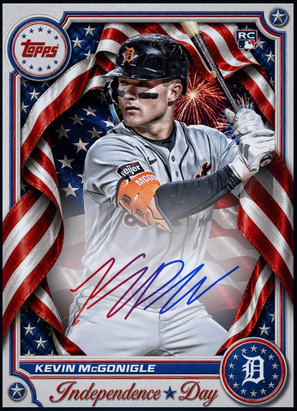 Close-up of 2026 Kevin McGonigle Topps Independence Day autograph rookie redemption card