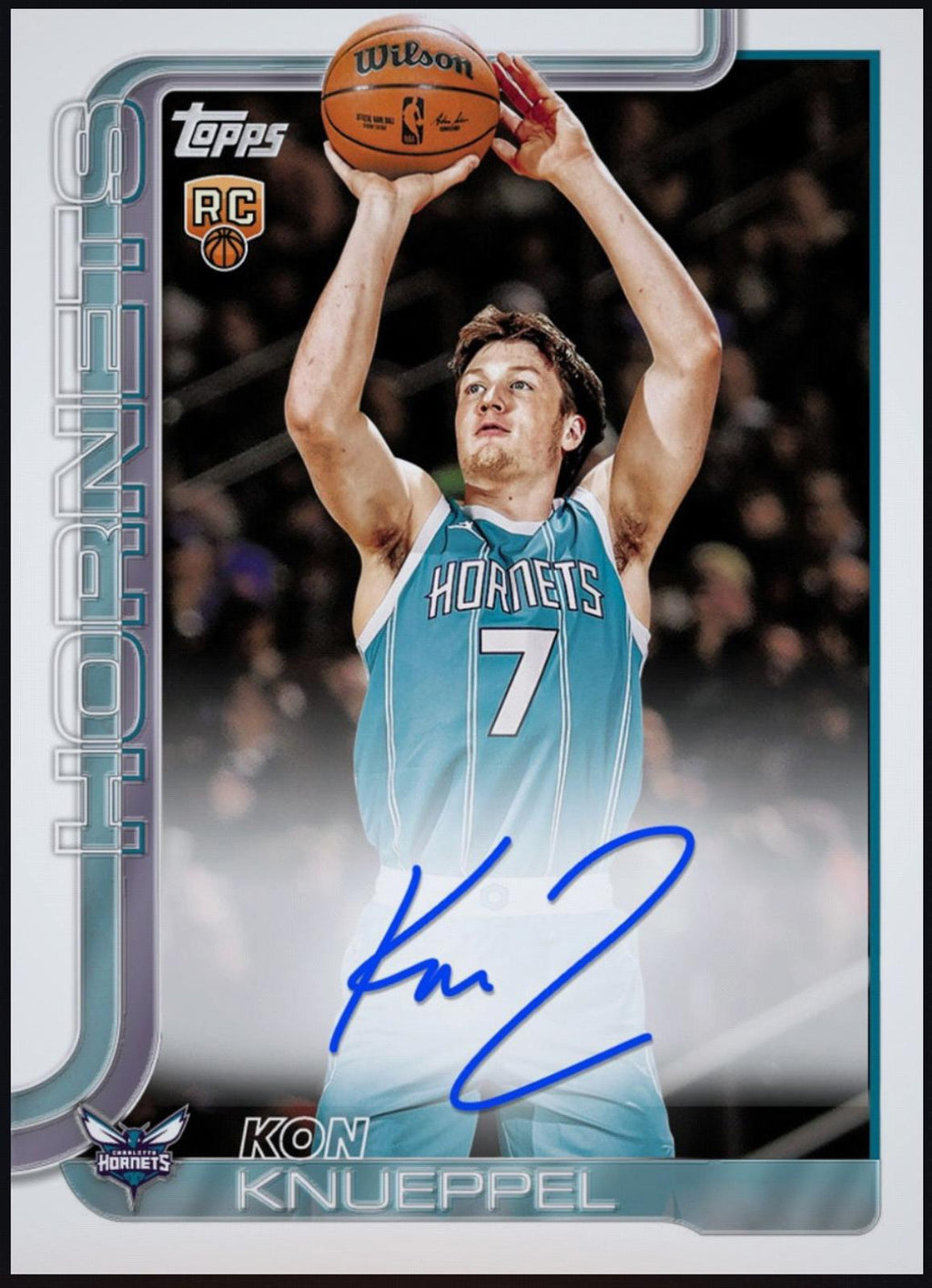 NBA 2026 Kon Knueppel Topps Flagship Rookie Autograph Rare RC Card with player and card details.