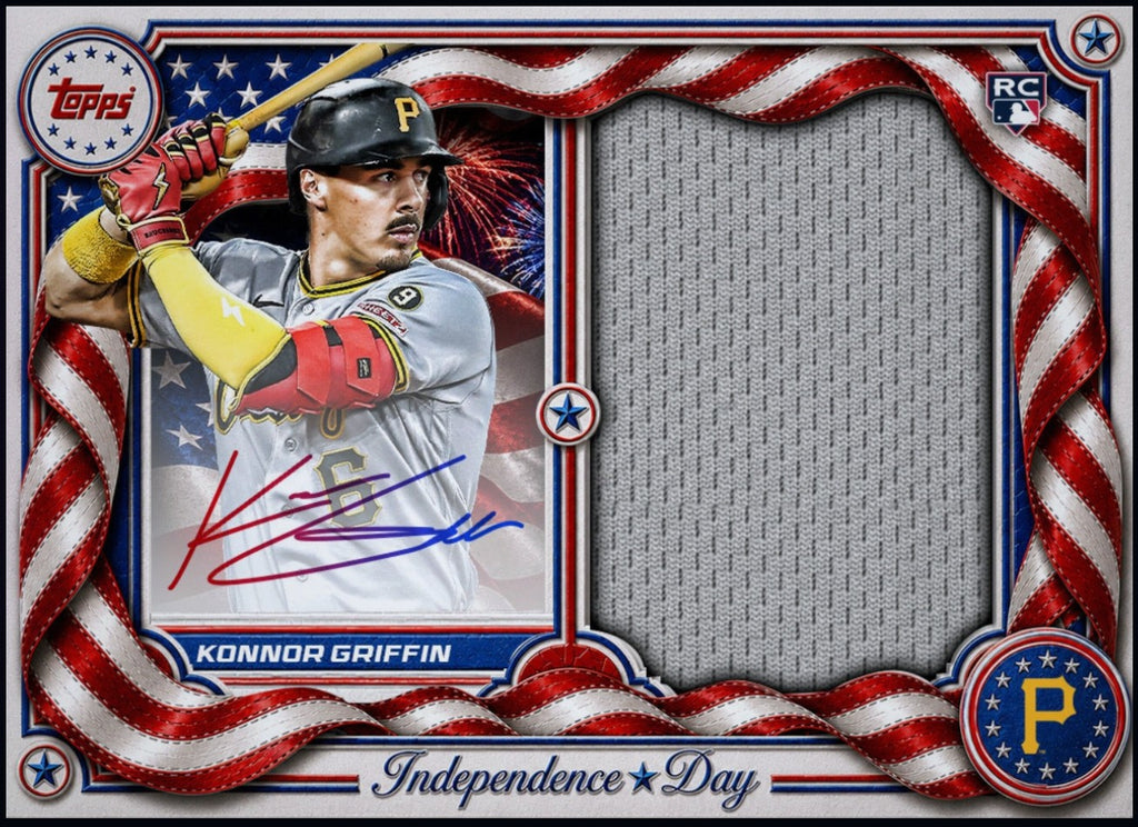 Close-up of 2026 Konnor Griffin Topps Independence Day rookie patch autograph redemption card