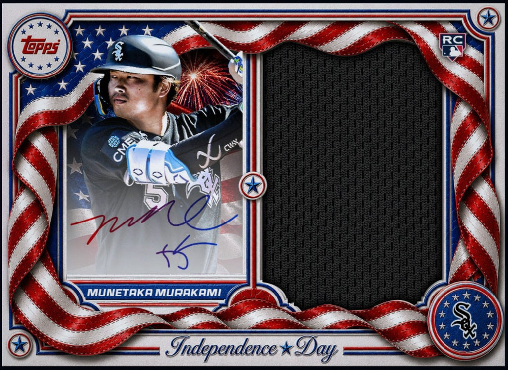 Close-up of 2026 Munetaka Murakami Topps Independence Day rookie patch autograph redemption card