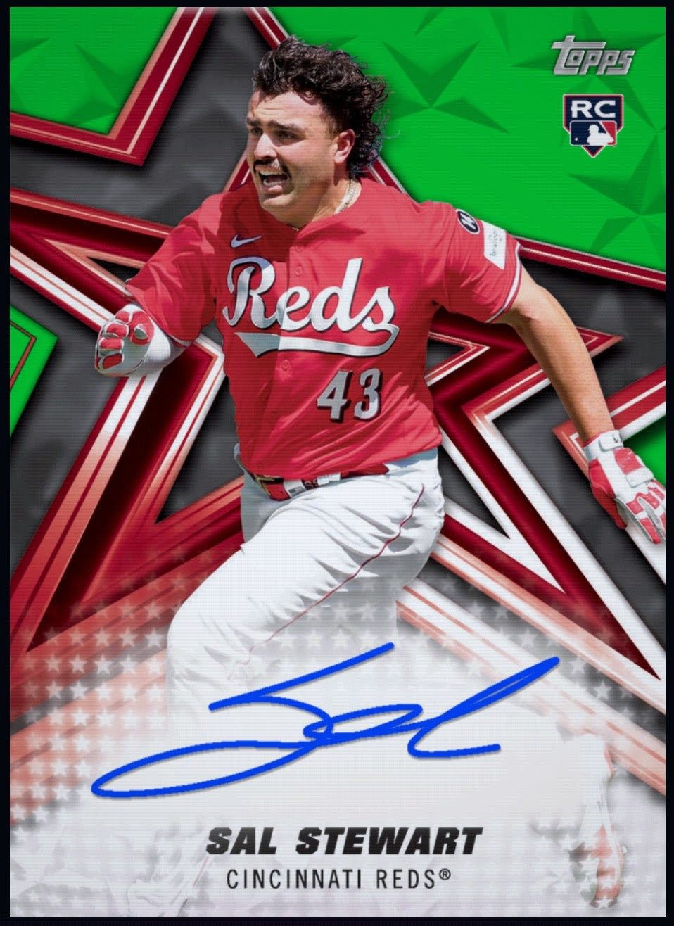 Close-up of 2026 Sal Stewart Topps Baseball Stars Green Series 2 Signature rookie redemption card