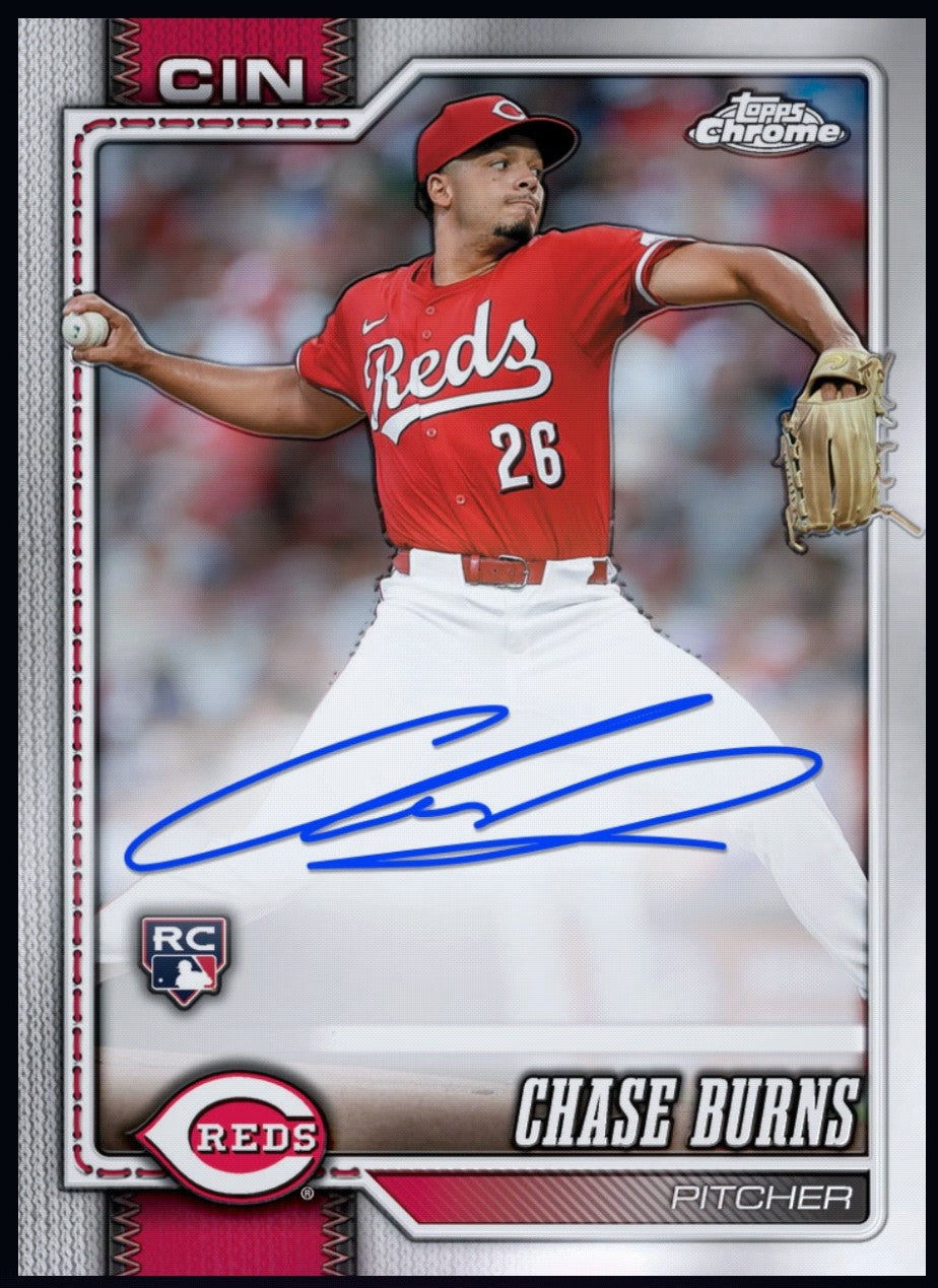 2026 Chase Burns Topps Chrome Baseball rookie signature RC, a rare collectible for baseball card collectors.
