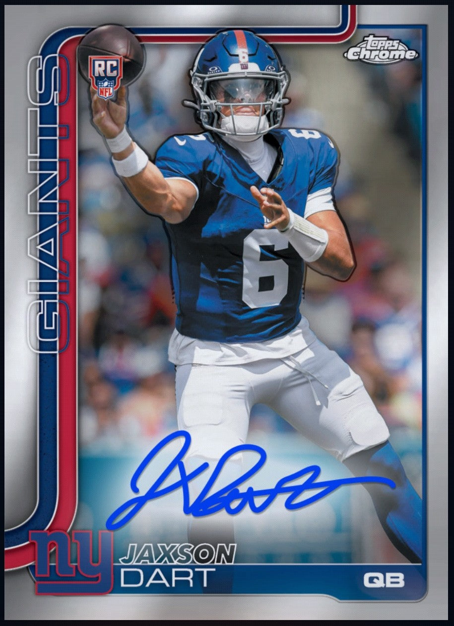 2025 Jaxson Dart Topps Chrome rookie signature collectible redeemable through the official Topps football app.