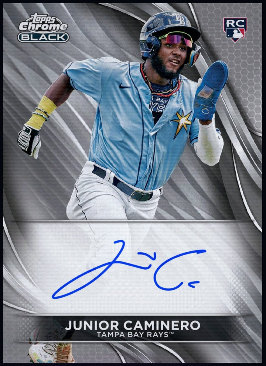 2024 Junior Caminero Topps Chrome Black rookie autograph collectible redeemable through the official Topps BUNT app.