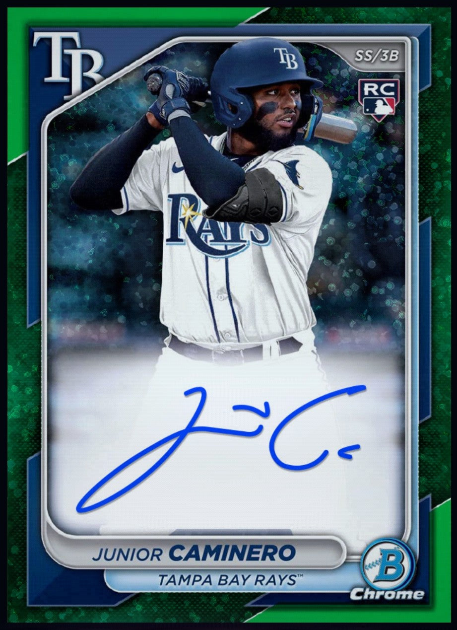 2024 Junior Caminero Topps Bowman Chrome Green rookie autograph card for baseball fans and collectors.