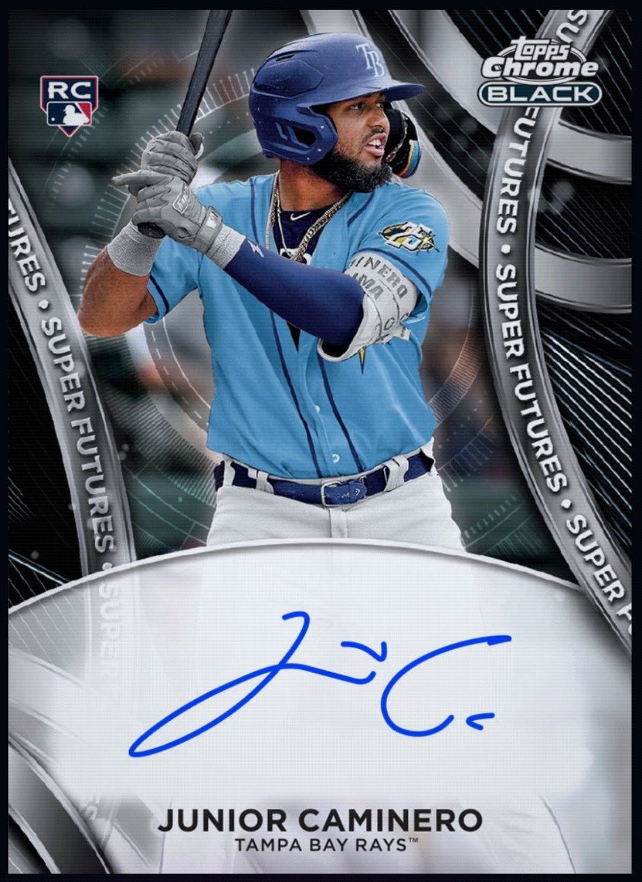 2024 Junior Caminero Topps Black Super Futures rookie autograph card for baseball fans and collectors.