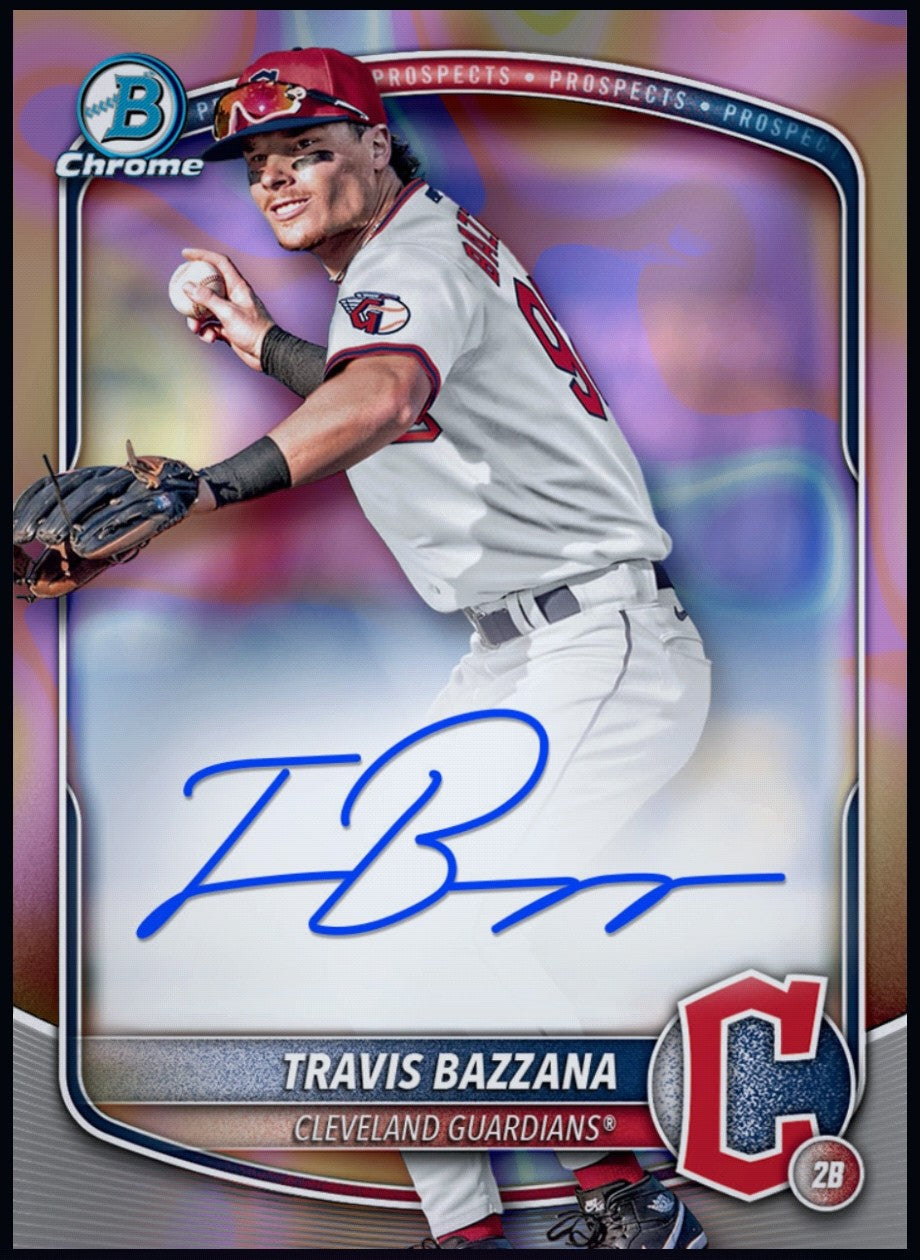 2026 Bowman-style Travis Bazzana rookie autograph refractor card offered for redemption in the Topps BUNT app.