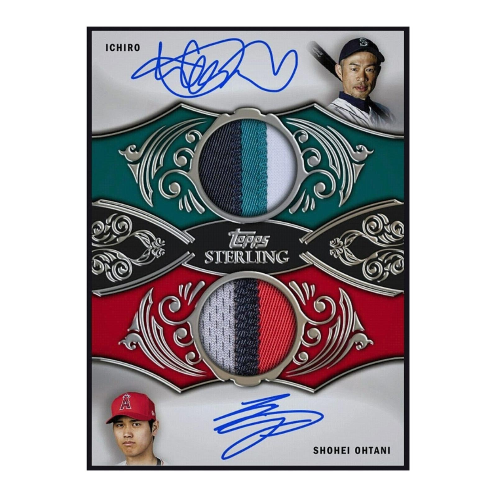 Baseball trading card featuring Ichiro and Shohei Ohtani with signatures and patch logos.
