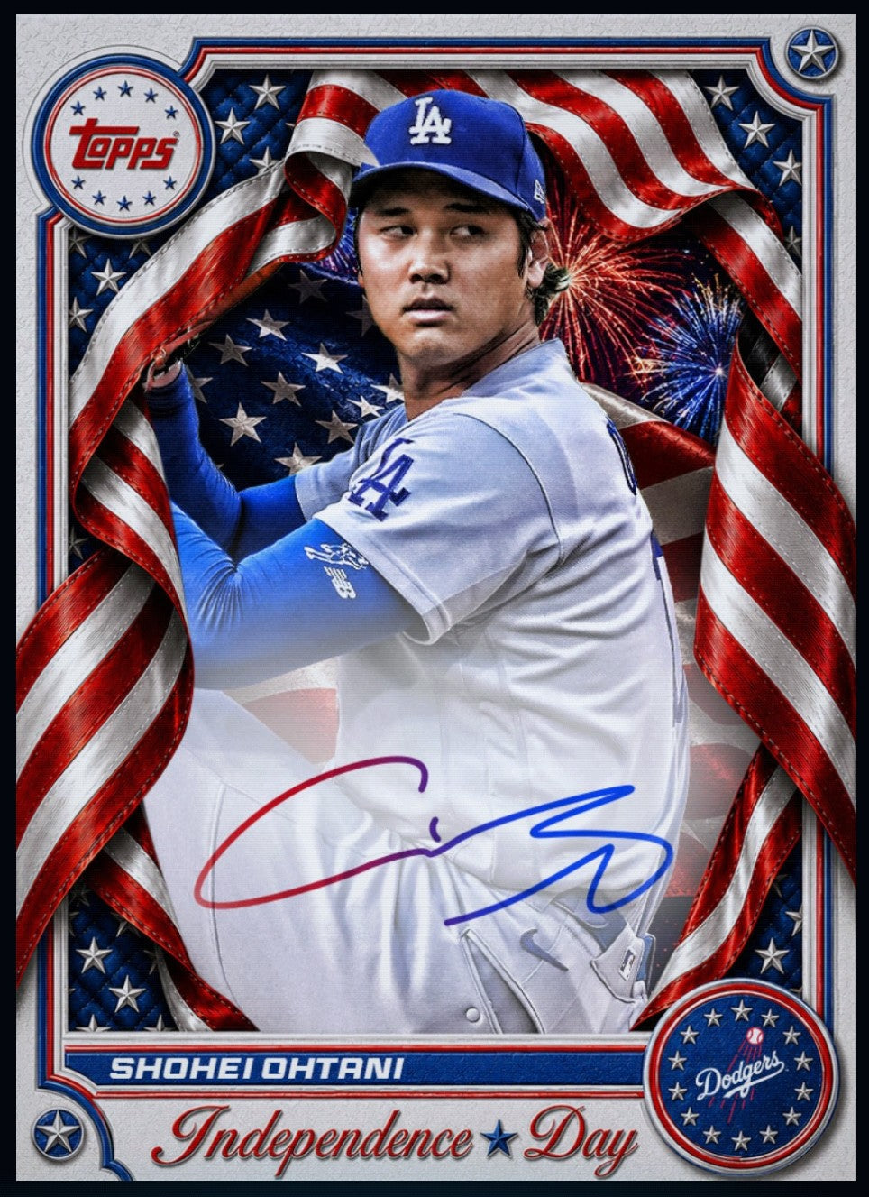 Close-up view of Shohei Ohtani Independence Day rare redemption card showing autograph details