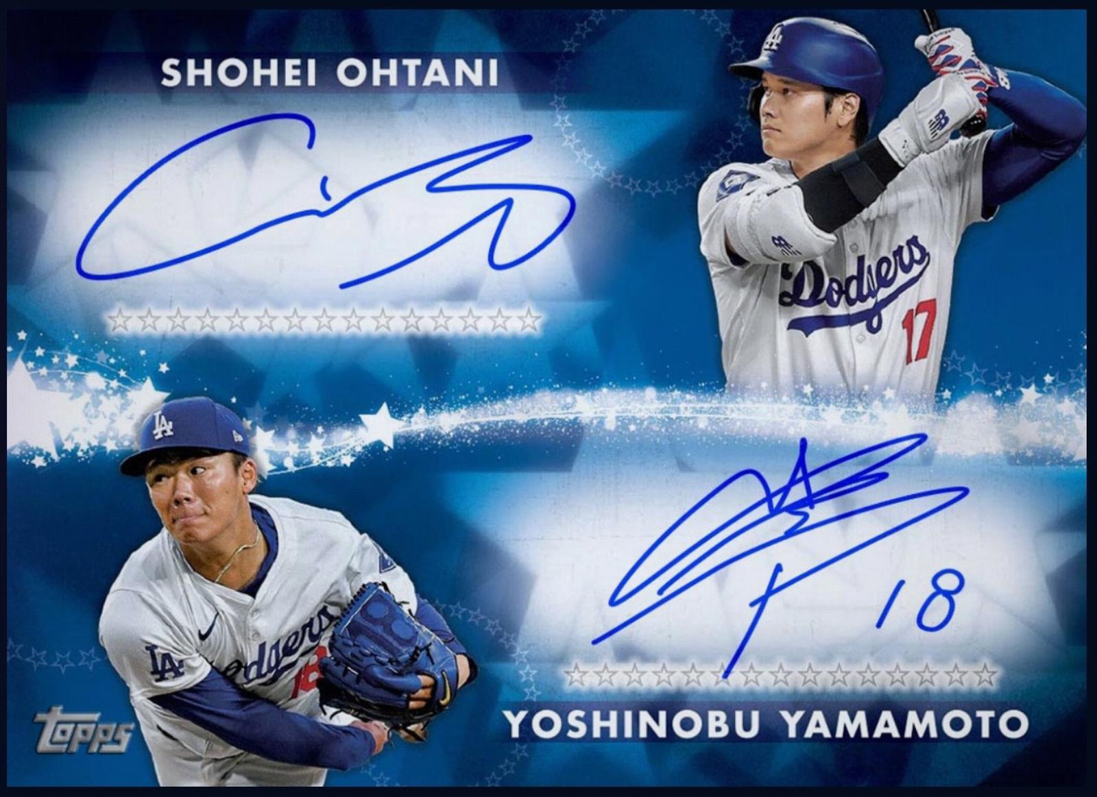 Close-up of 2024 Topps Baseball Stars Ohtani and Yamamoto Dual Autograph Rookie RC Rare Card