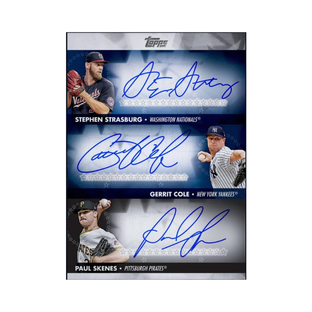 Baseball trading card featuring signatures of Stephen Strasburg, Gerrit Cole, and Paul Skenes on a Topps branded card.