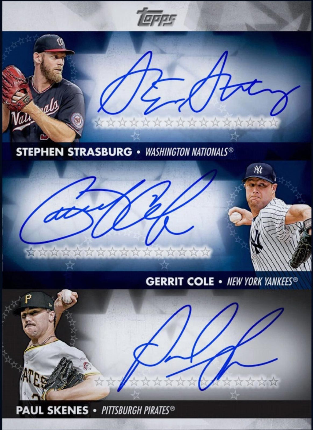 Baseball trading card featuring signatures of Stephen Strasburg, Gerrit Cole, and Paul Skenes with Topps logo.