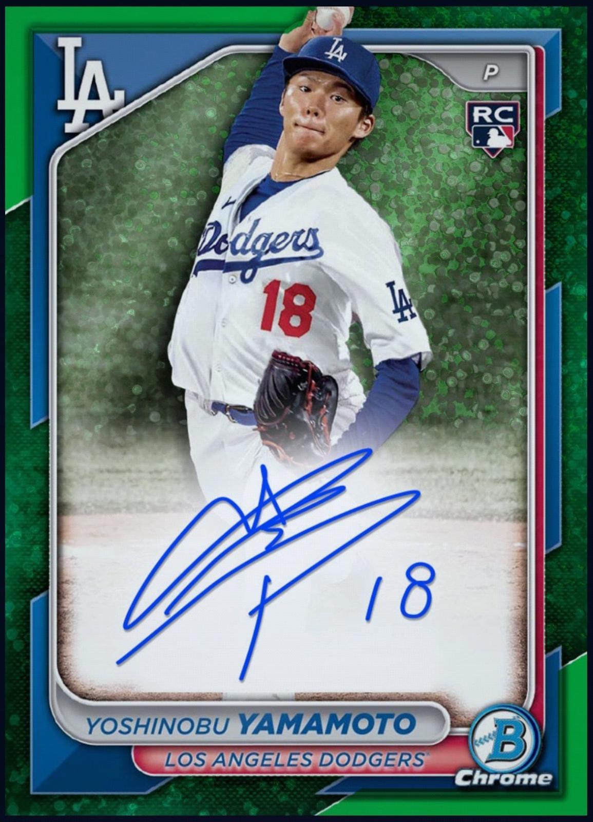 Rare 2024 Yoshinobu Yamamoto Topps Bowman Chrome Green Autograph Authentic MLB Collectible Shipped From USA.