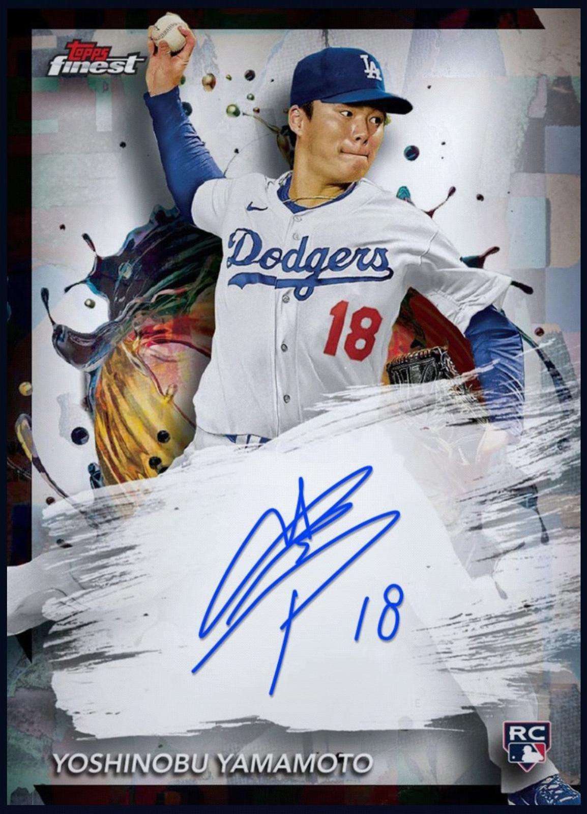 Close-up of 2024 Yoshinobu Yamamoto Topps Finest Autograph Rookie RC Rare Dodgers Baseball Card