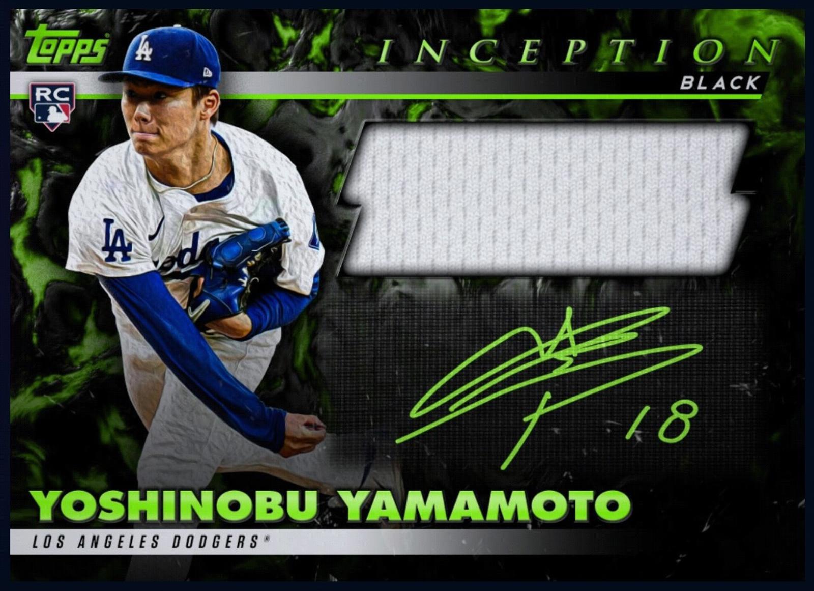 Close-up of 2024 Yoshinobu Yamamoto Topps Inception Black Rookie Patch Autograph Dodgers Baseball Card