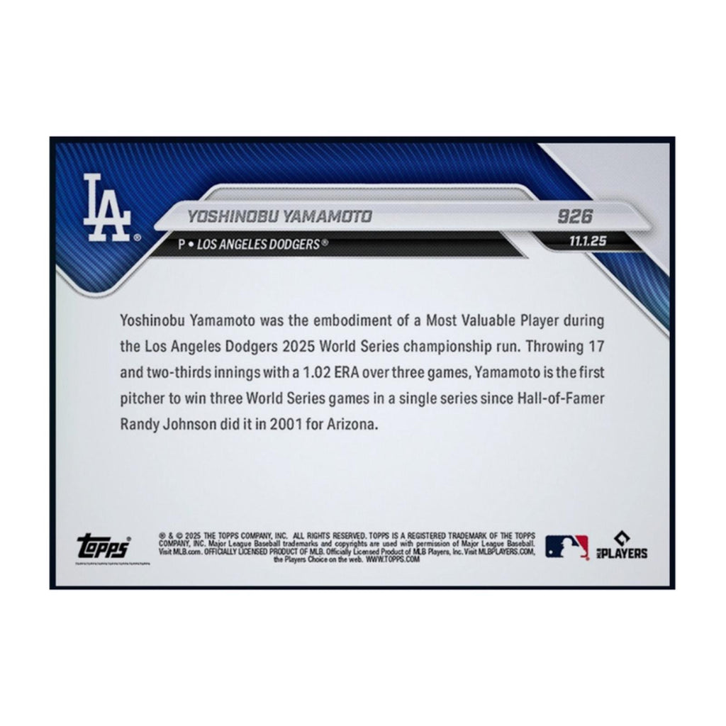 Close-up of 2025 Yoshinobu Yamamoto Topps Now Rookie Card Celebrating World Series MVP Achievement