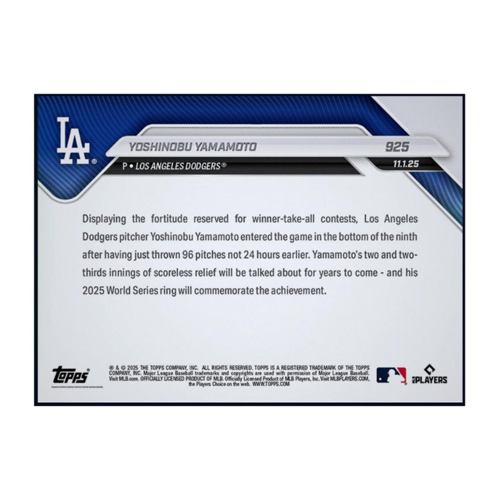 Close-up of 2025 Yoshinobu Yamamoto Topps Now Card Highlighting World Series Game 7 Closing Performance